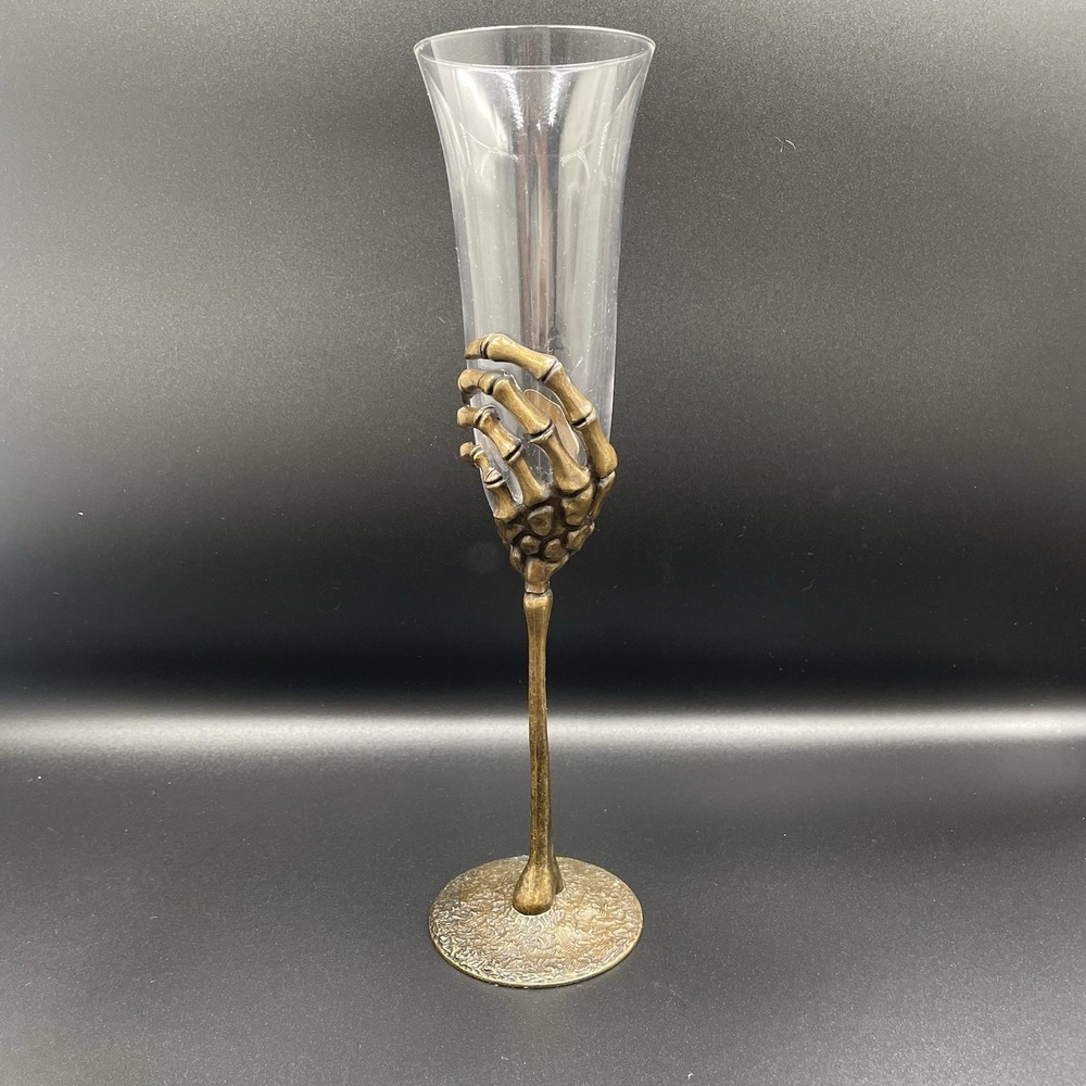 Skeleton Hand Fluted Champagne Glass Gold Metal Base Clear Glass Halloween